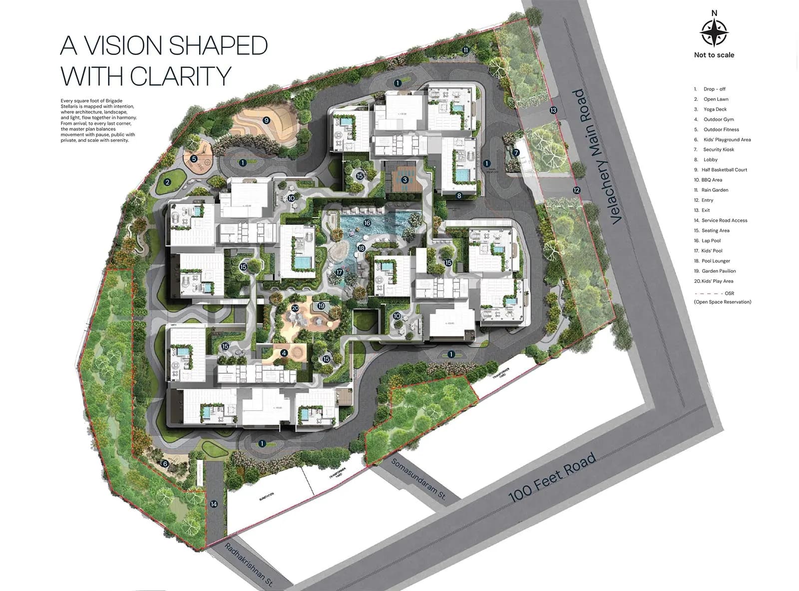 Brigade Stellaris master plan layout showing towers, amenities and open spaces